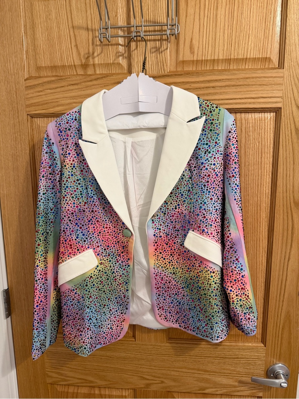 QUEEN OF SPARKLES Rainbow Speckled Blazer with Cream Trim